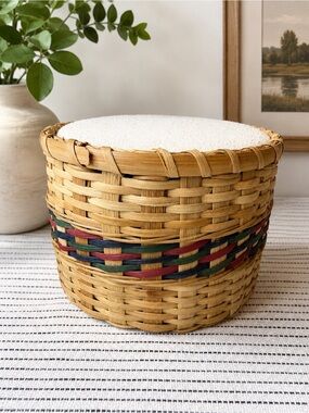 Vintage Handwoven Sewing Basket Pincushion Lid | Wicker Craft Storage Basket